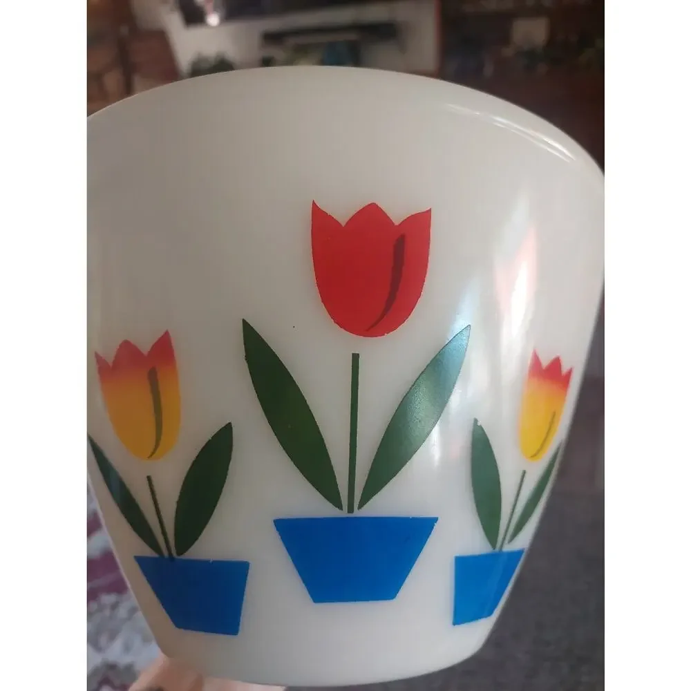 Vintage MCM Fire King Glass Mixing Bowl Tulip Floral Pattern 9 1/2